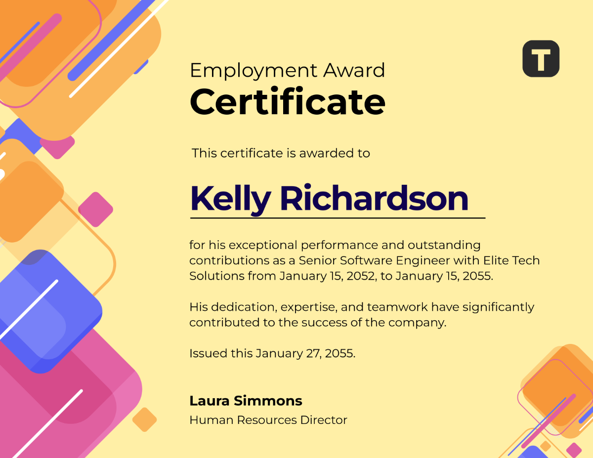 Free Colorful Employment Award Certificate Template