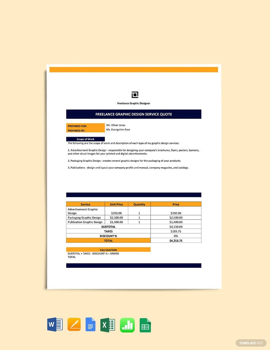 Freelance Service Quotation Template in Word, Google Docs, Excel, Google Sheets, Apple Pages, Apple Numbers