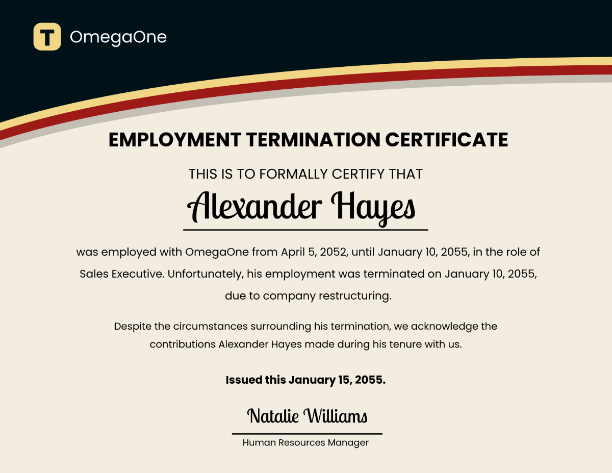 Free Employment Termination Certificate Template