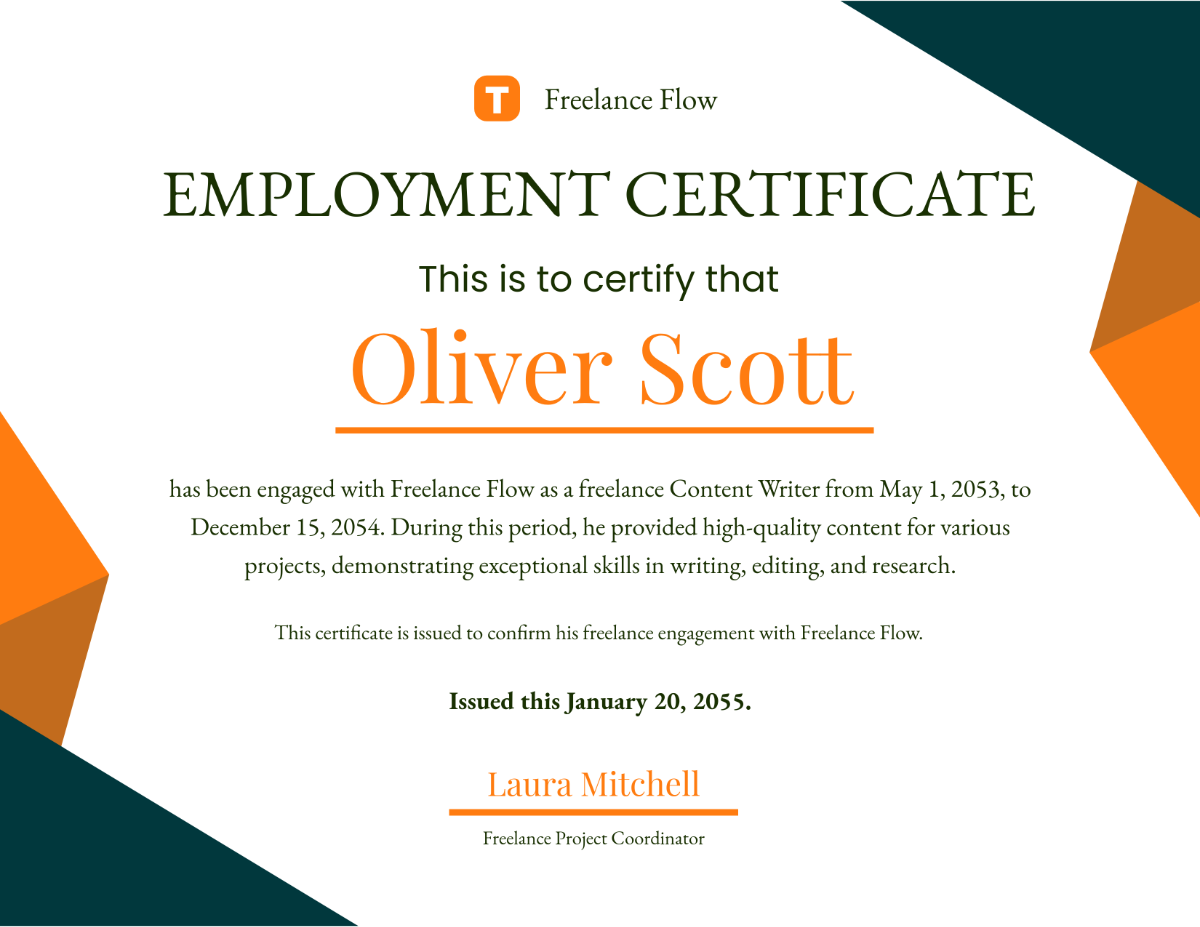 Freelance Employment Certificate Template