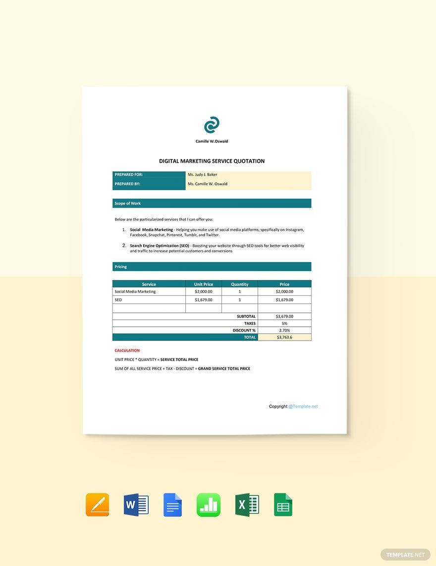 Basic Freelancer Quotation Template in Excel, Pages, Apple Numbers, Word, Google Sheets, Google Docs - Download | Template.net