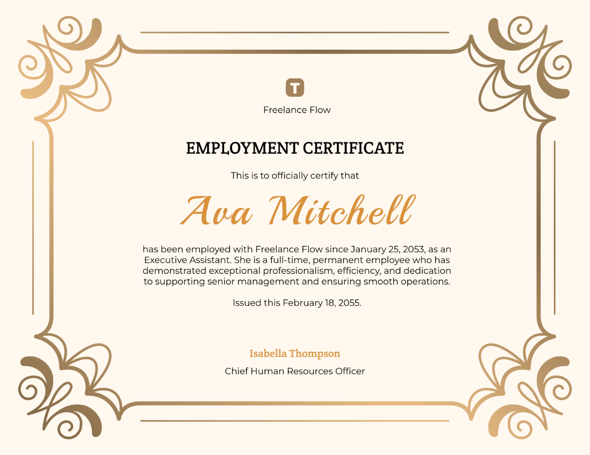 Free Gold Elegant Employment Certificate Template