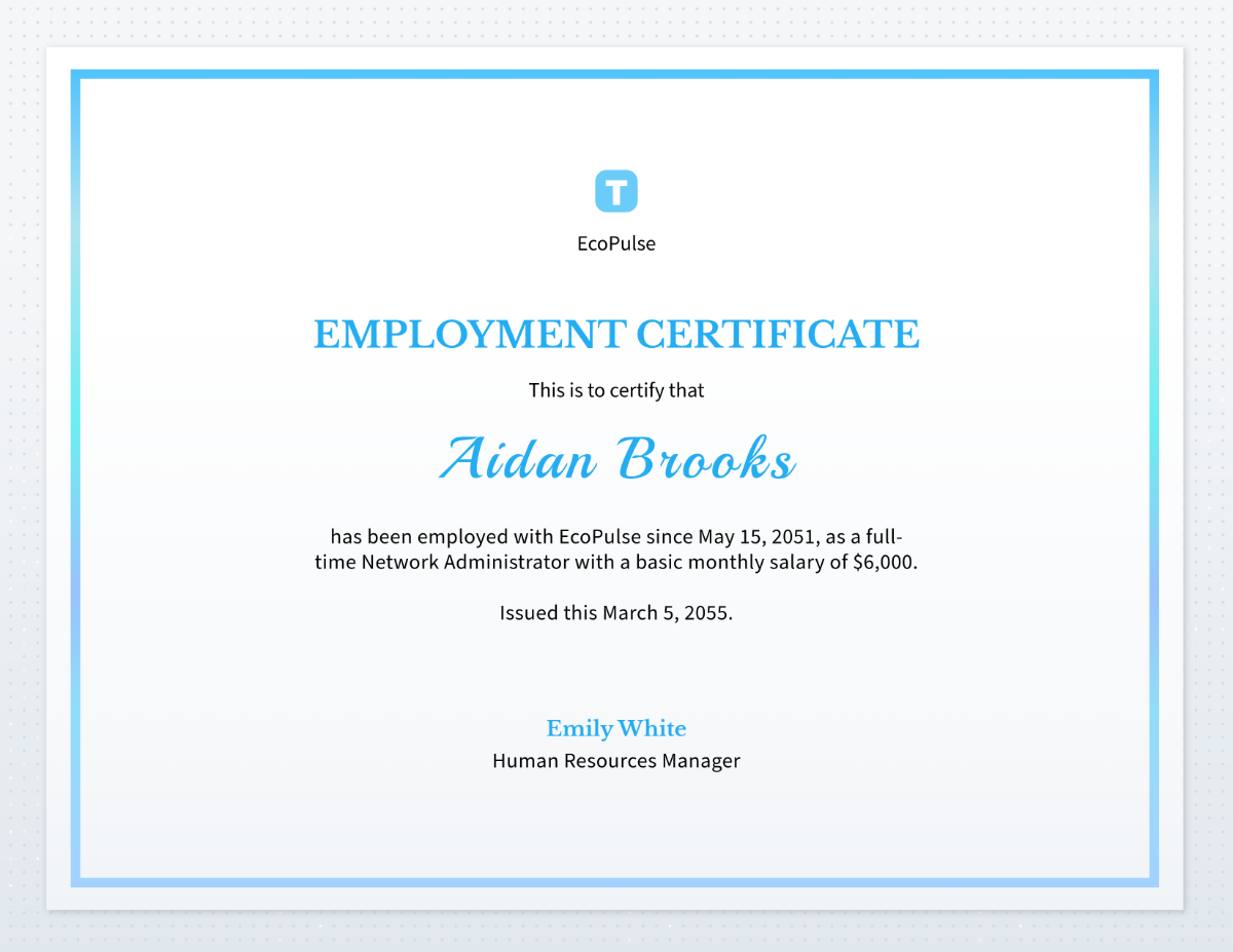 Free White and Blue Employment Certificate Template