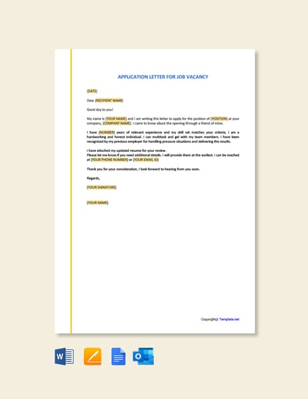 Application Letter Template For A Job Vacancy Free Pdf Google Docs Word Template Net