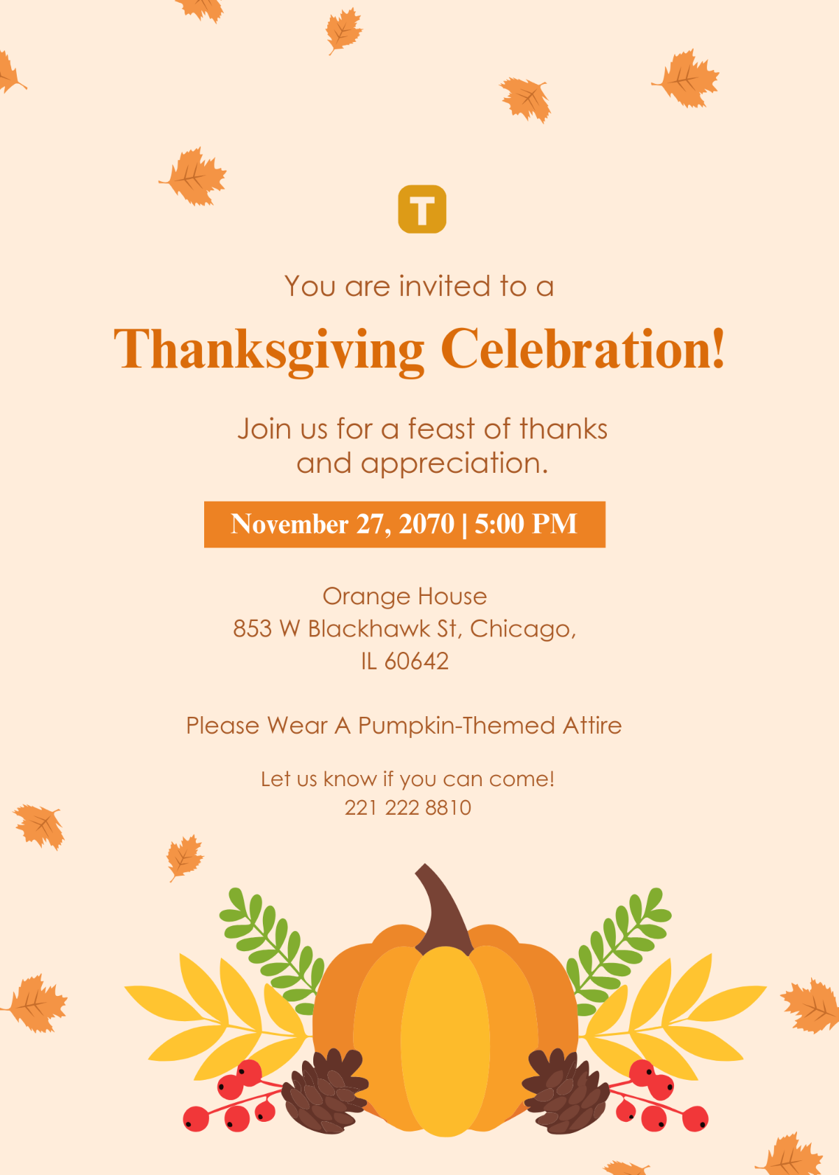 Free Pumpkin Thanksgiving Invitation Template