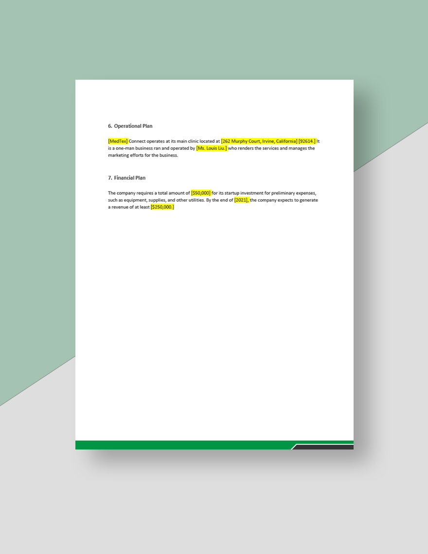 One Page Freelance Business Plan Template
