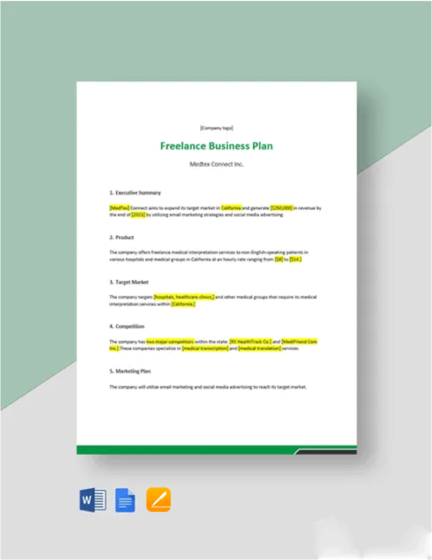 Free One Page Freelance Business Plan Template