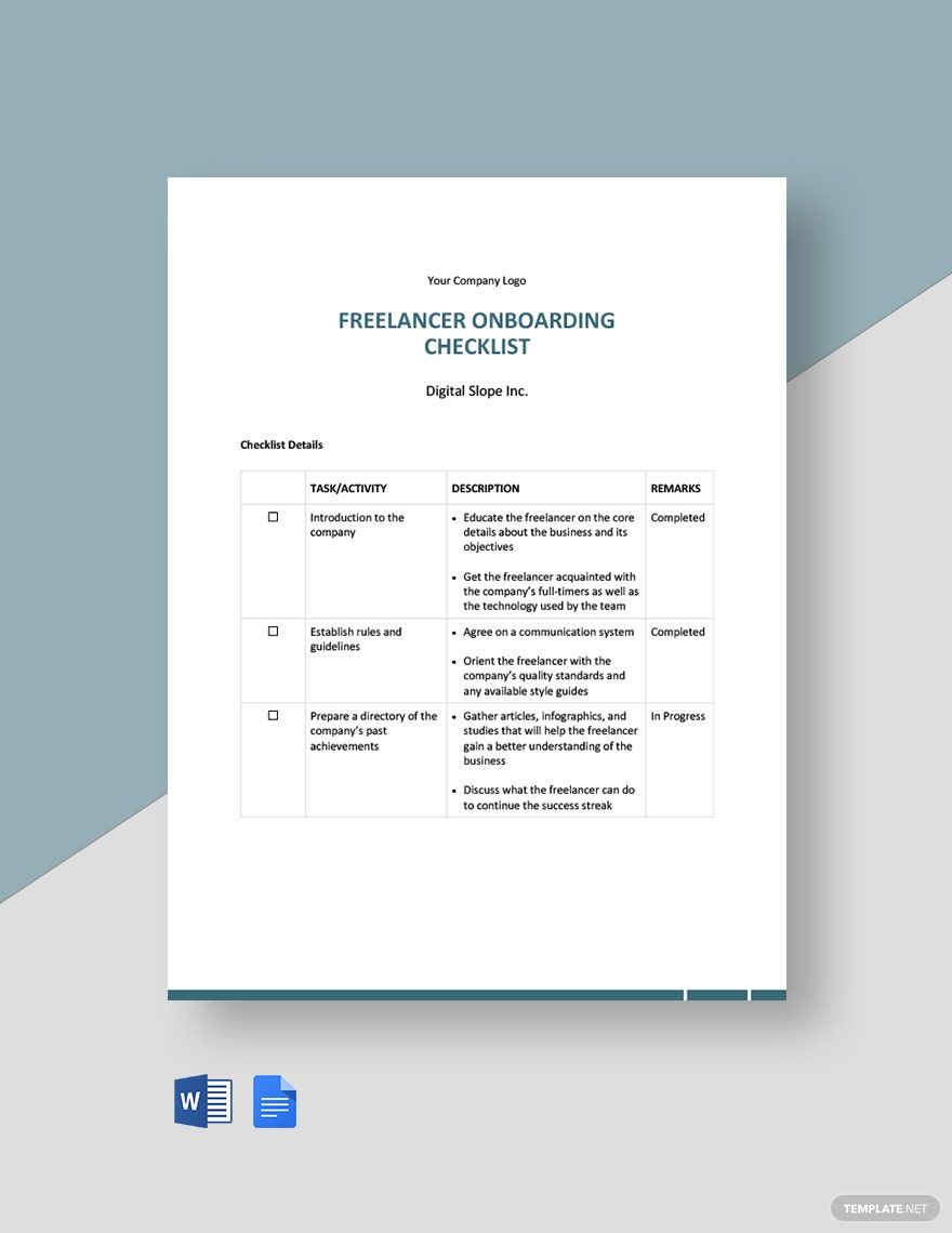 Freelancer Onboarding Checklist Template in Word, Google Docs