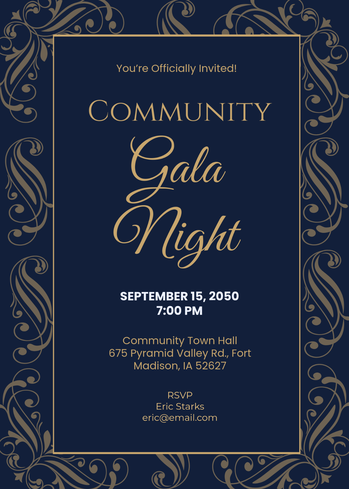 Free Gold and Royal Blue Gala Invitation Template to Edit Online