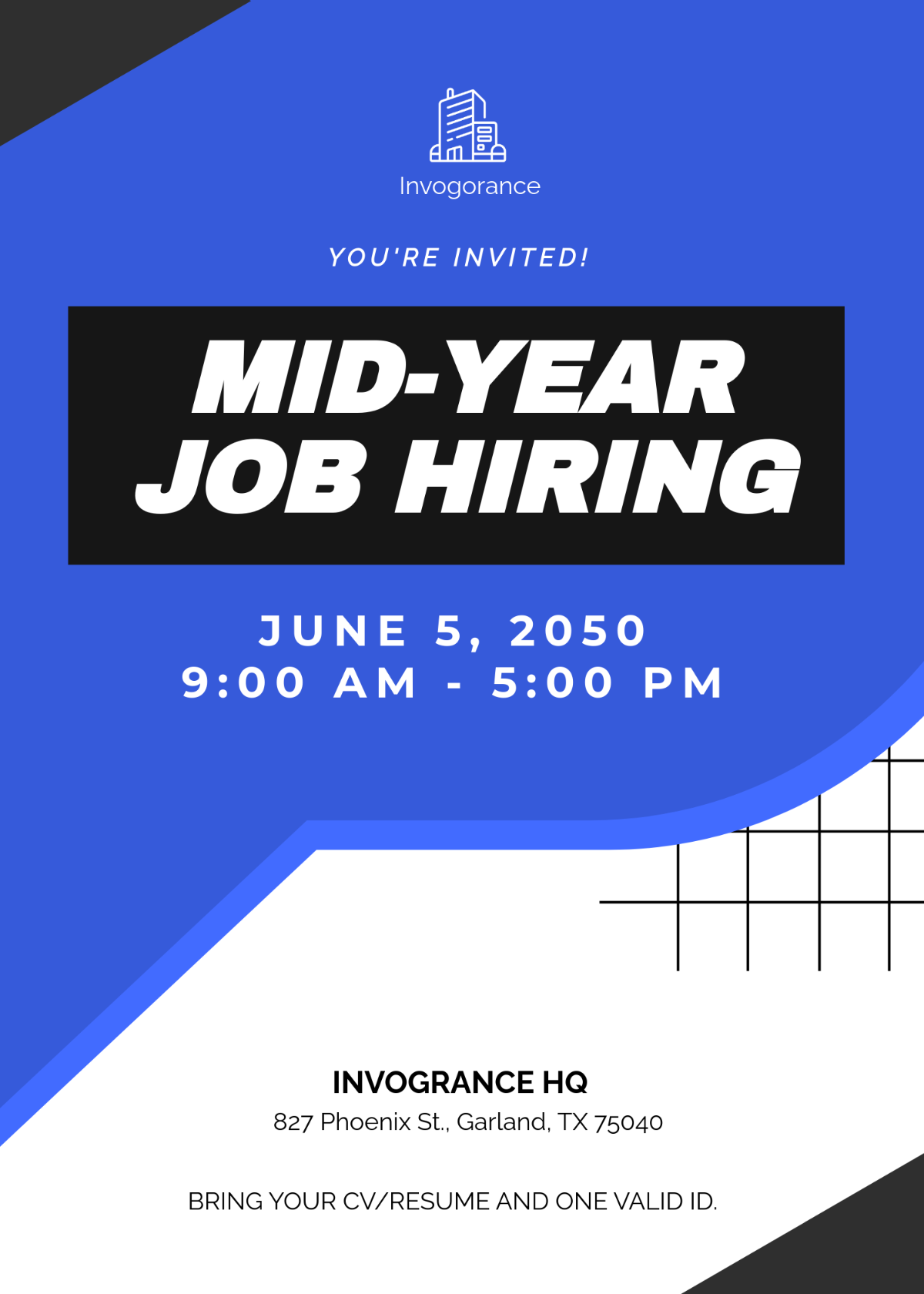 Free Blue and White HR Hiring Invitation Template to Edit Online