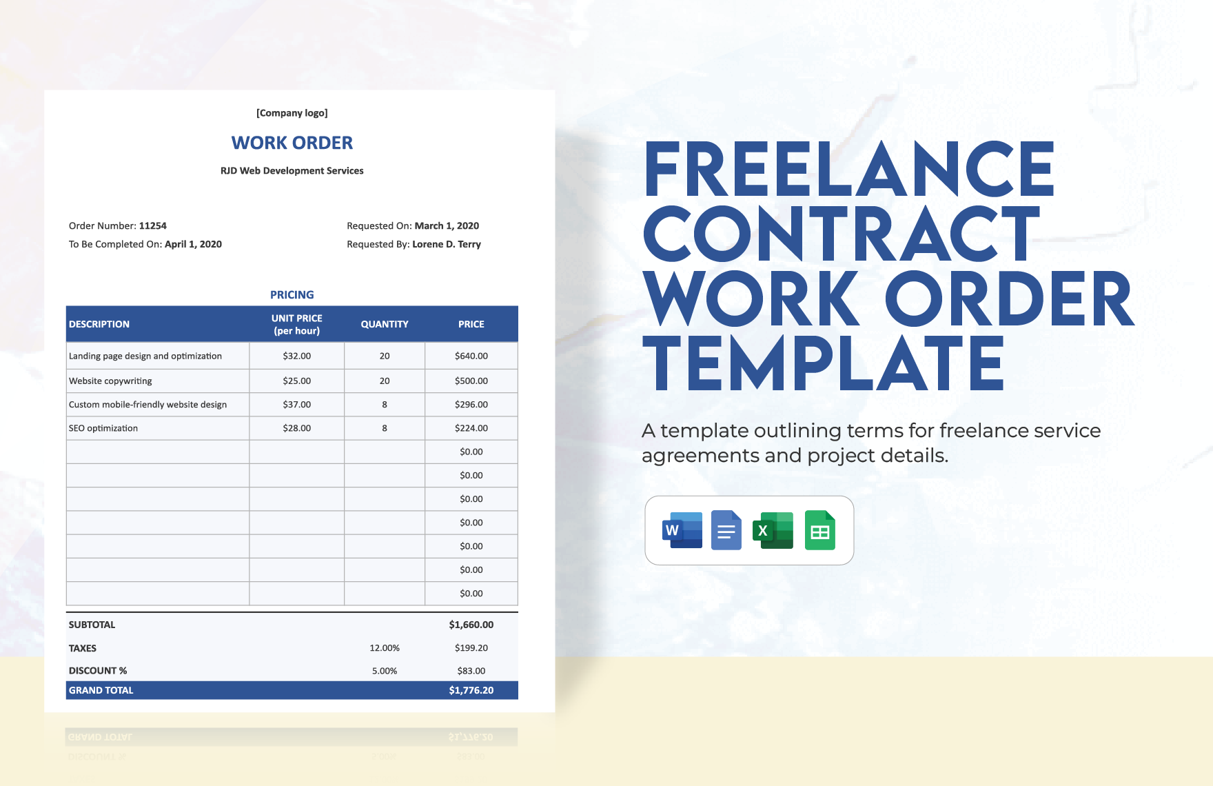 Freelance Contract Work Order Template in Word, Google Docs, Excel, Google Sheets