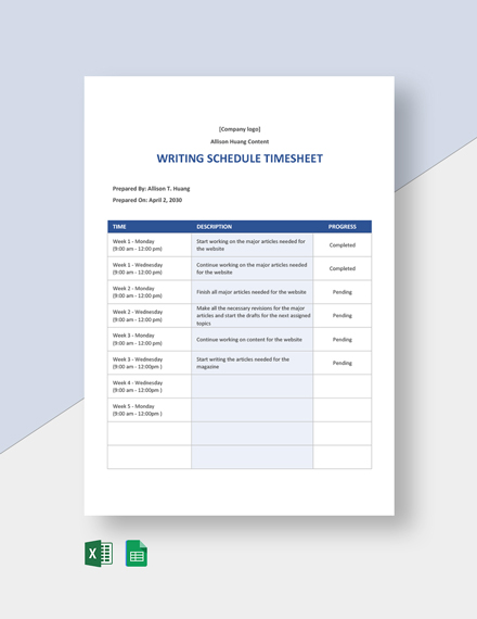 Freelance Work Timesheet Template - Excel | Google Sheets | Template.net