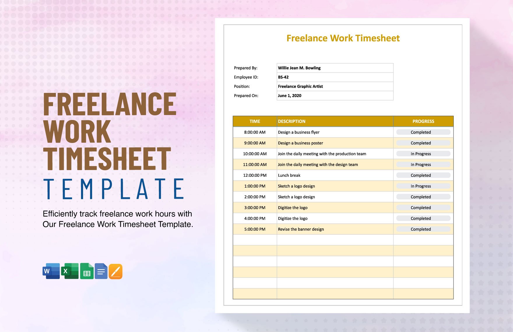 Freelance Work Timesheet Template in Word, Google Docs, Excel, Google Sheets, Apple Pages