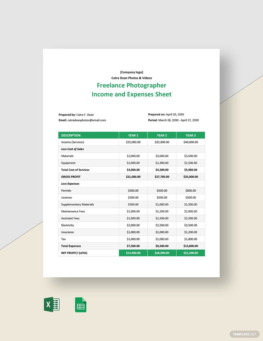 Freelance Photographer Income and Expenses Sheet Template