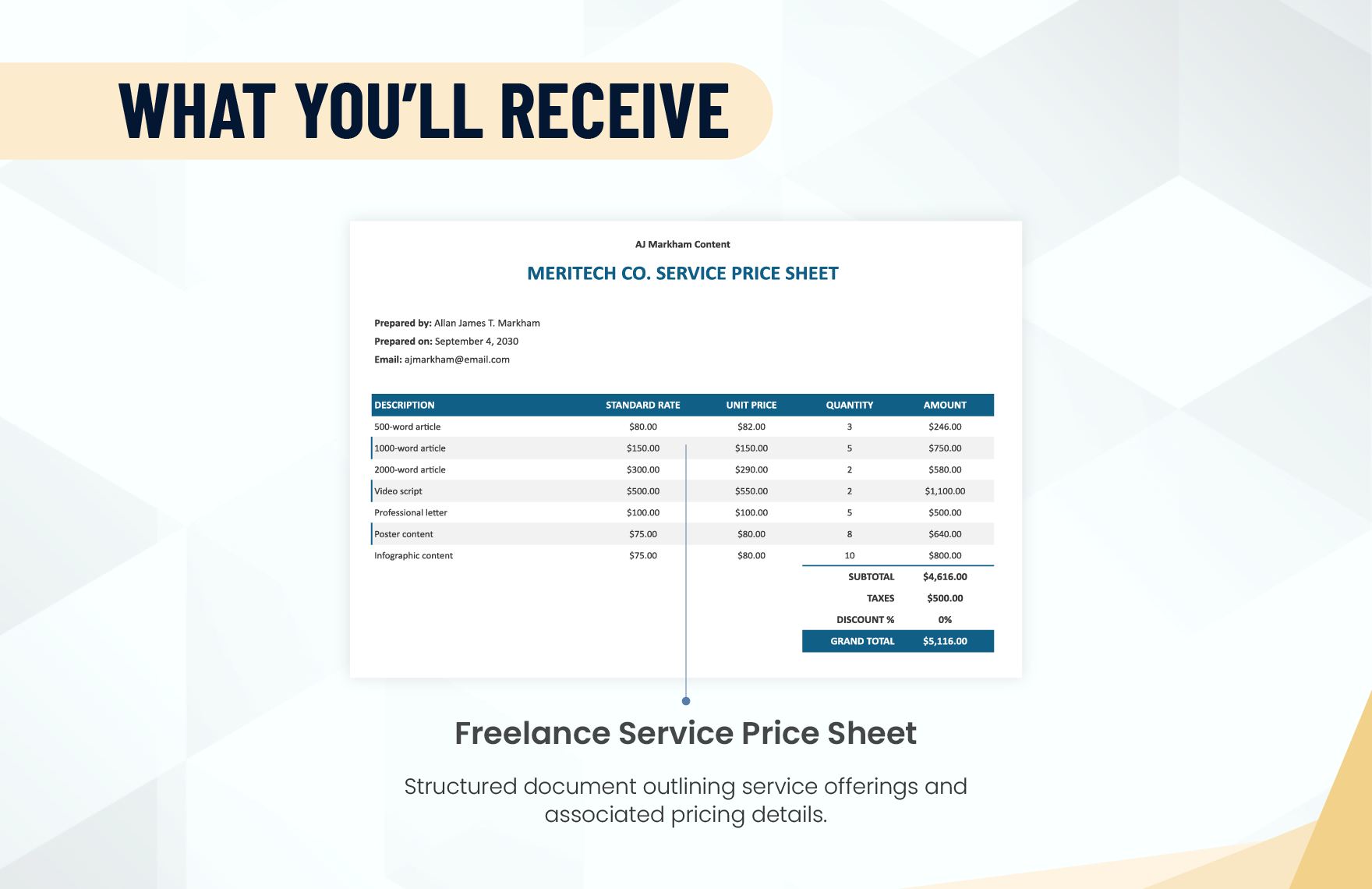 Freelance Service Price Sheet Template