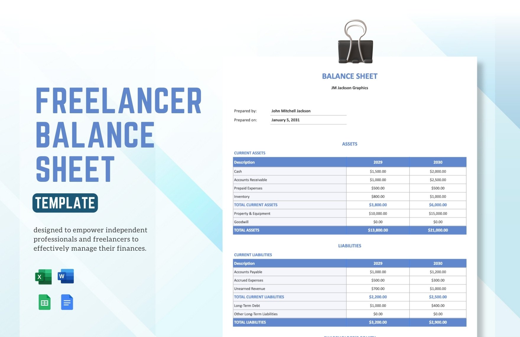 Freelancer Balance Sheet Template in Word, Google Docs, Excel, Google Sheets