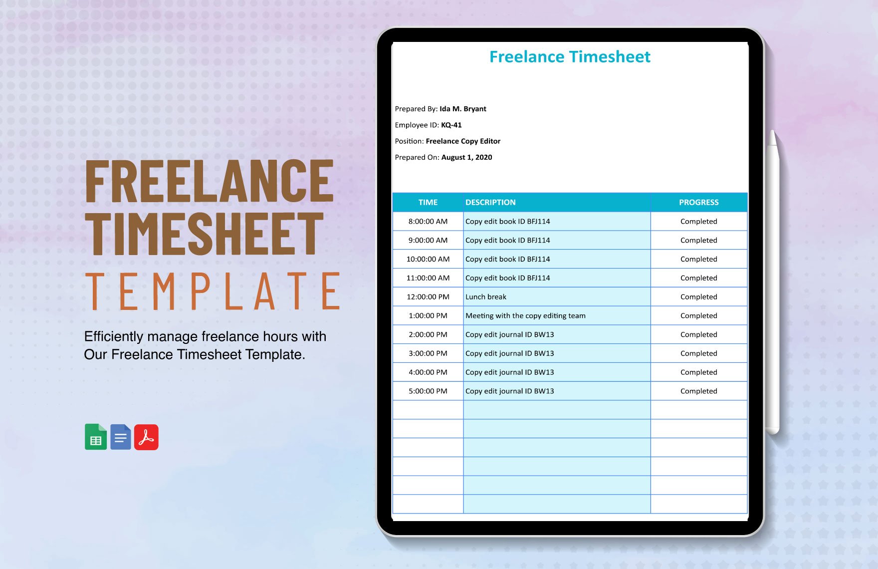 Freelance Timesheet Template in Google Docs, PDF, Google Sheets