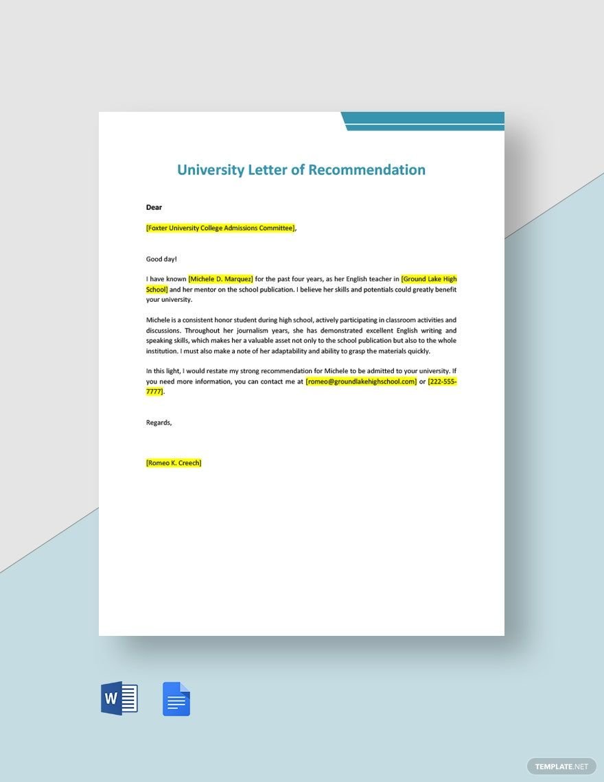 University Letter of Recommendation
