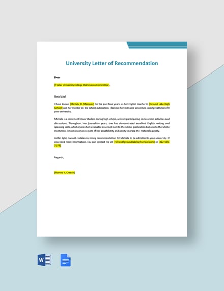University Letter of Recommendation 