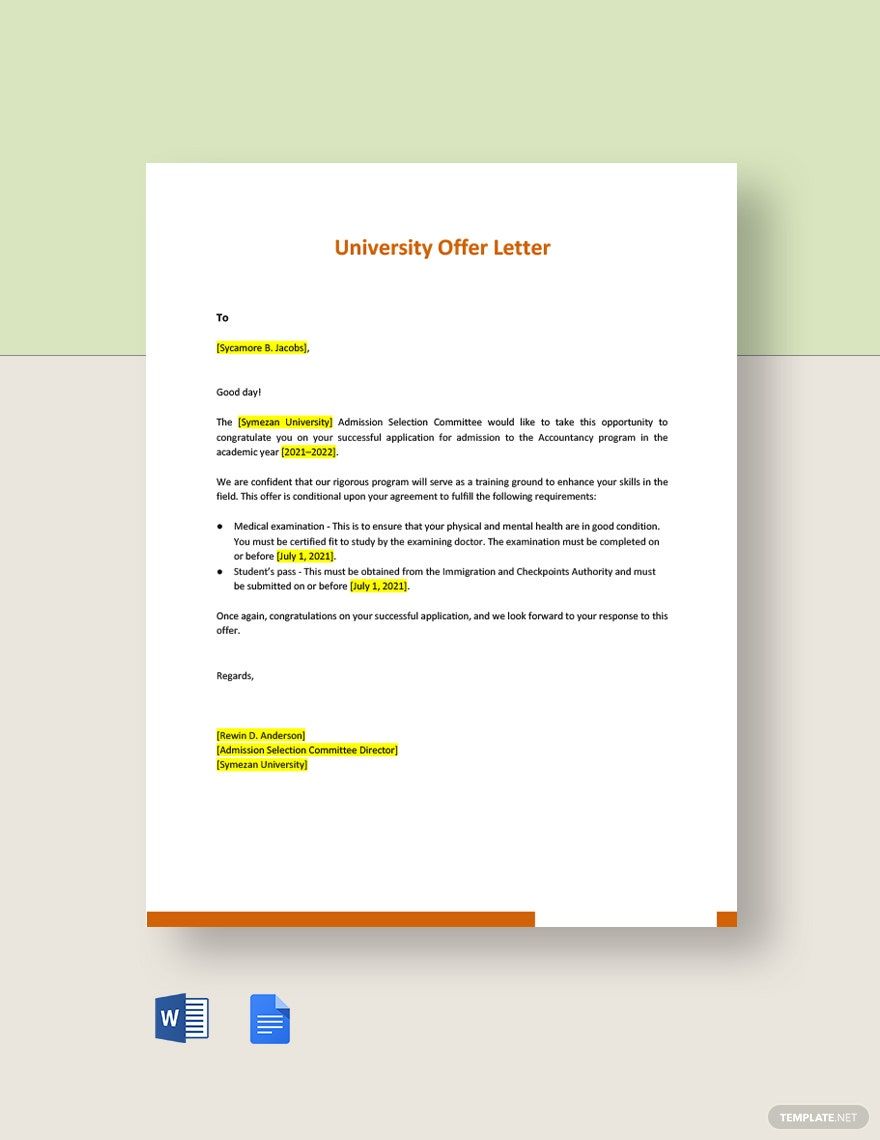 University Offer Letter in Word, Google Docs, PDF