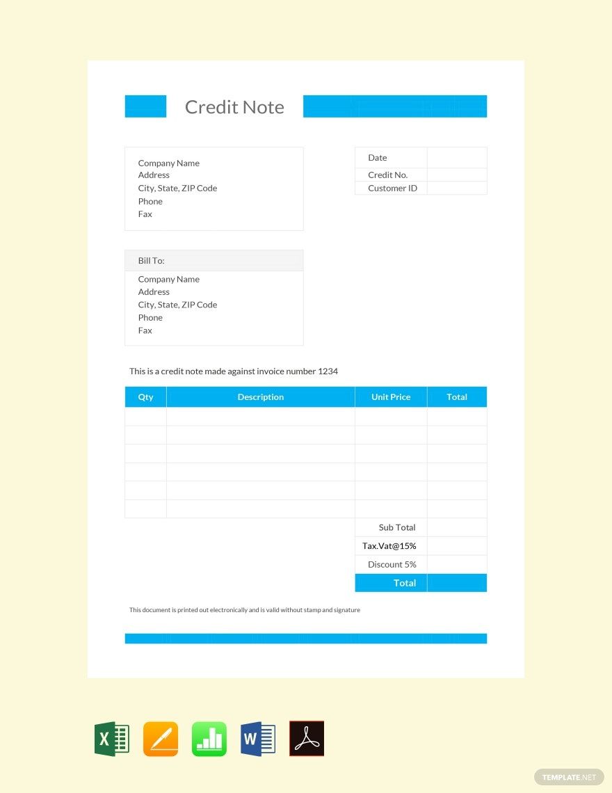 Credit Note format Template