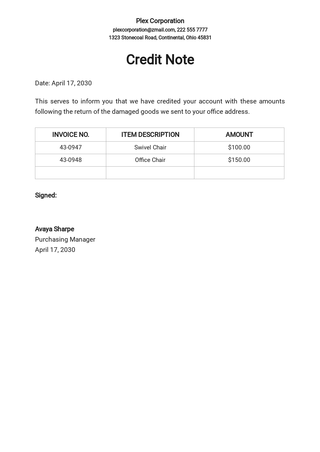 Credit Note format Template - Google Docs, Google Sheets, Excel, Word, Apple Numbers, Apple Pages, PDF