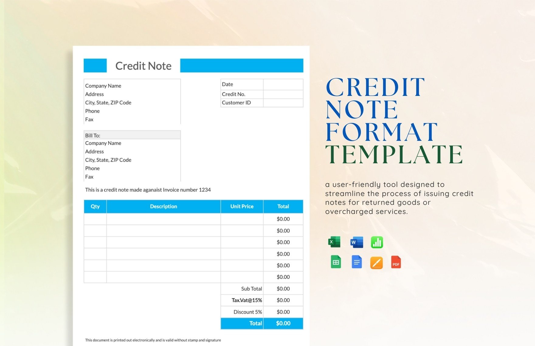 Credit Note format Template in Word, Google Docs, Excel, PDF, Google Sheets, Apple Pages, Apple Numbers