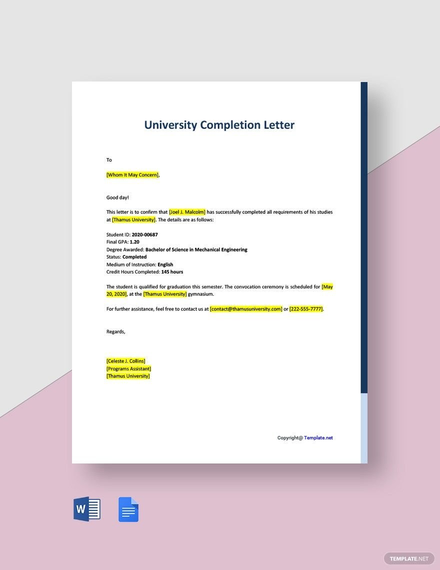 University Completion Letter in Word, Google Docs, PDF