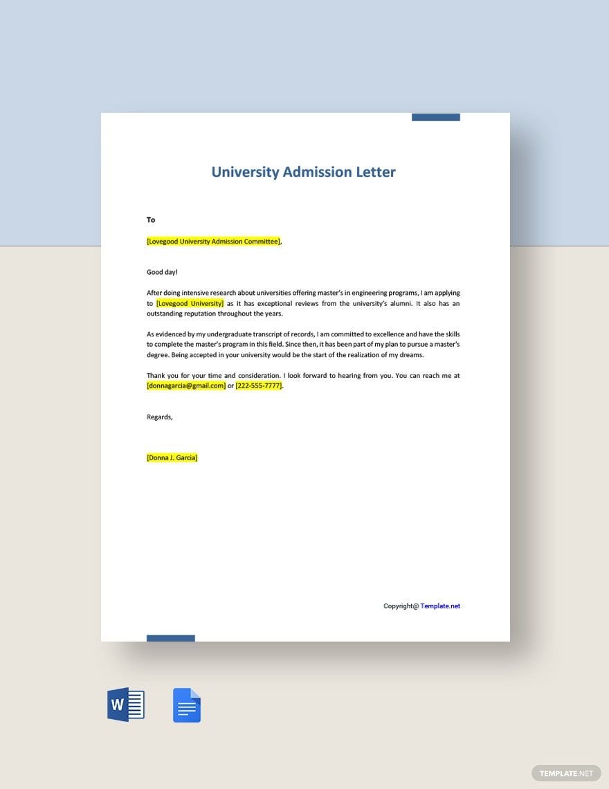 University Admission Letter in Word, Google Docs