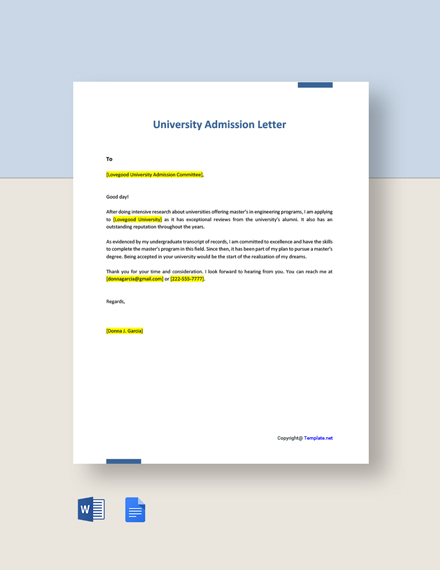 FREE University Admission Letter - Word | Google Docs | Template.net