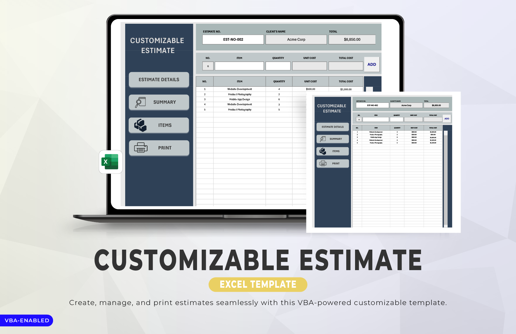 Customizable Estimate Excel Template in Excel - Download | Template.net