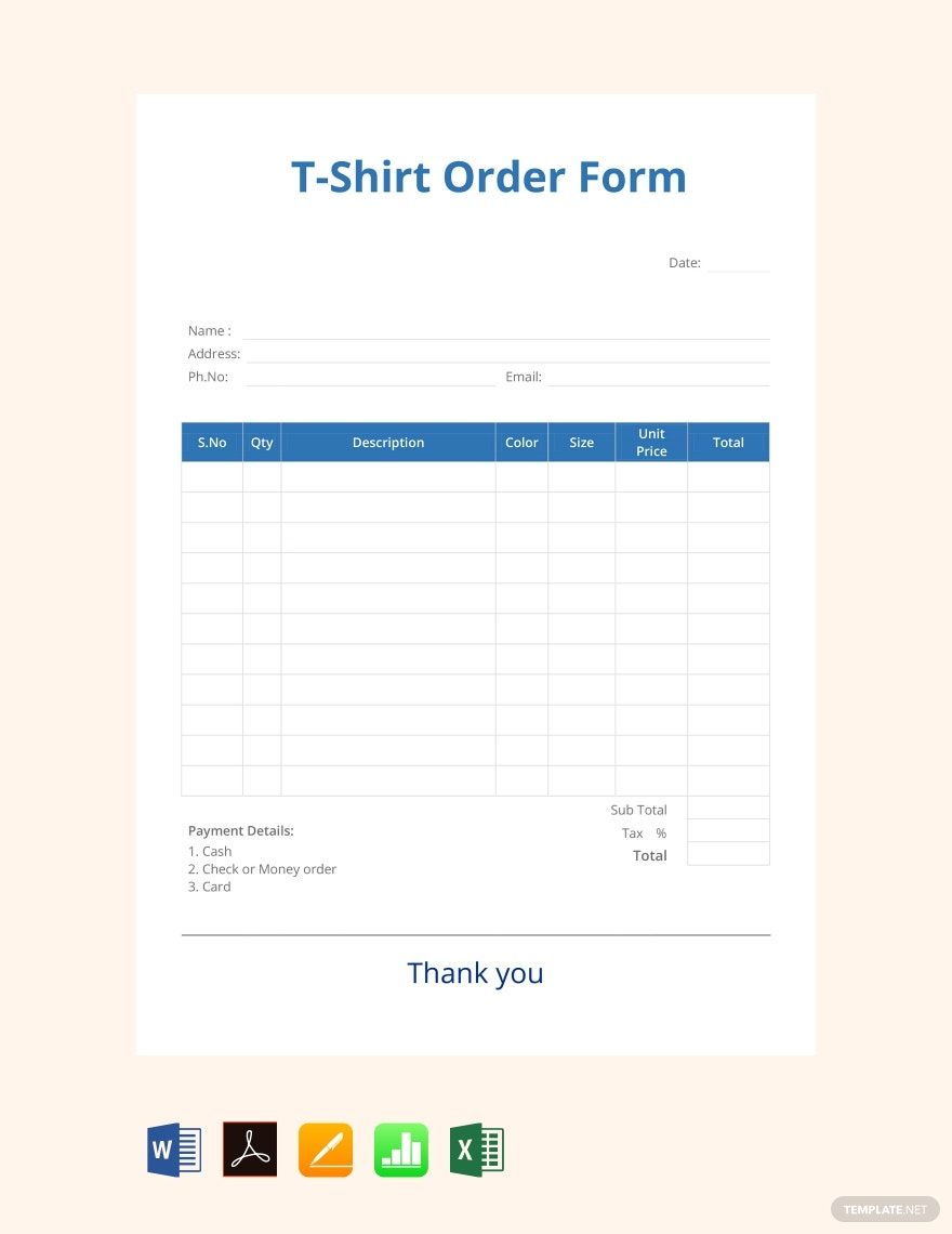 lån pakke Kakadu Blank T-shirt Order Form Template - Google Docs, Google Sheets, Excel,  Word, Apple Numbers, Apple Pages, PDF | Template.net