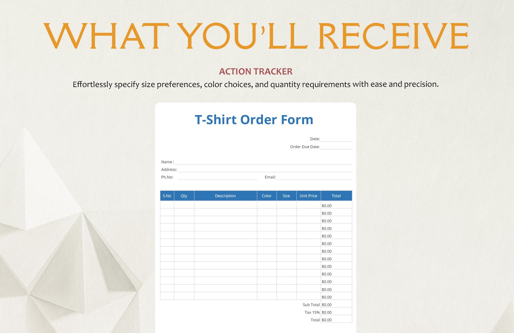 Blank T-shirt Order Form Template