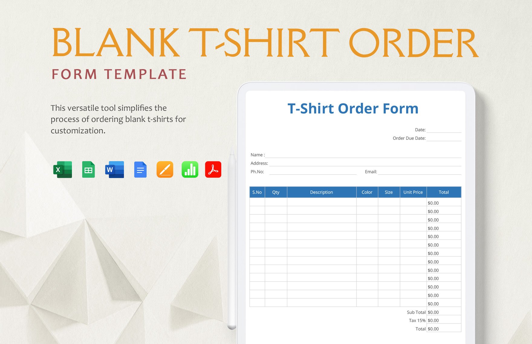 Blank T-shirt Order Form Template in Word, Google Docs, Excel, PDF, Google Sheets, Apple Pages, Apple Numbers