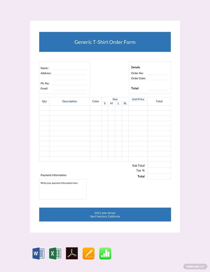 Generic T-Shirt Order Form Template