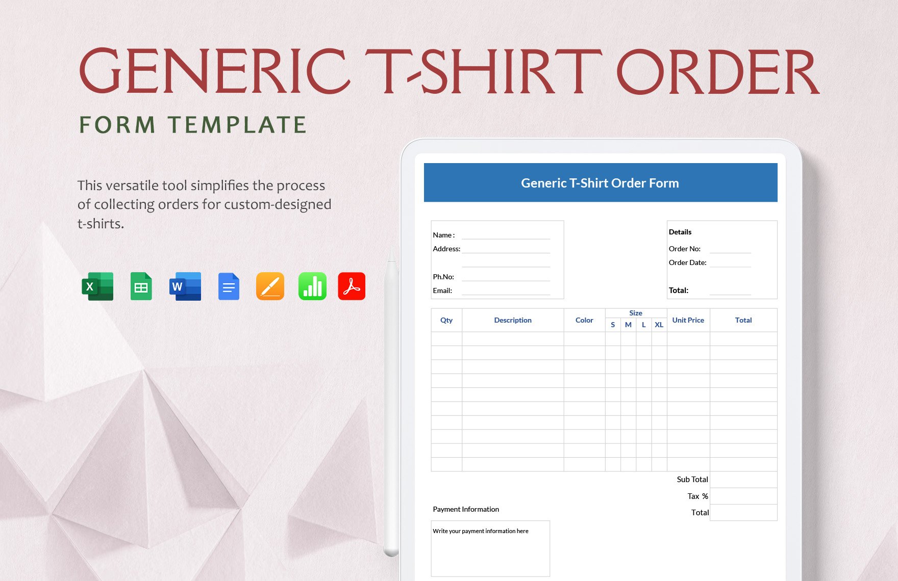 Generic T-Shirt Order Form Template in Word, Google Docs, Excel, PDF, Google Sheets, Apple Pages, Apple Numbers
