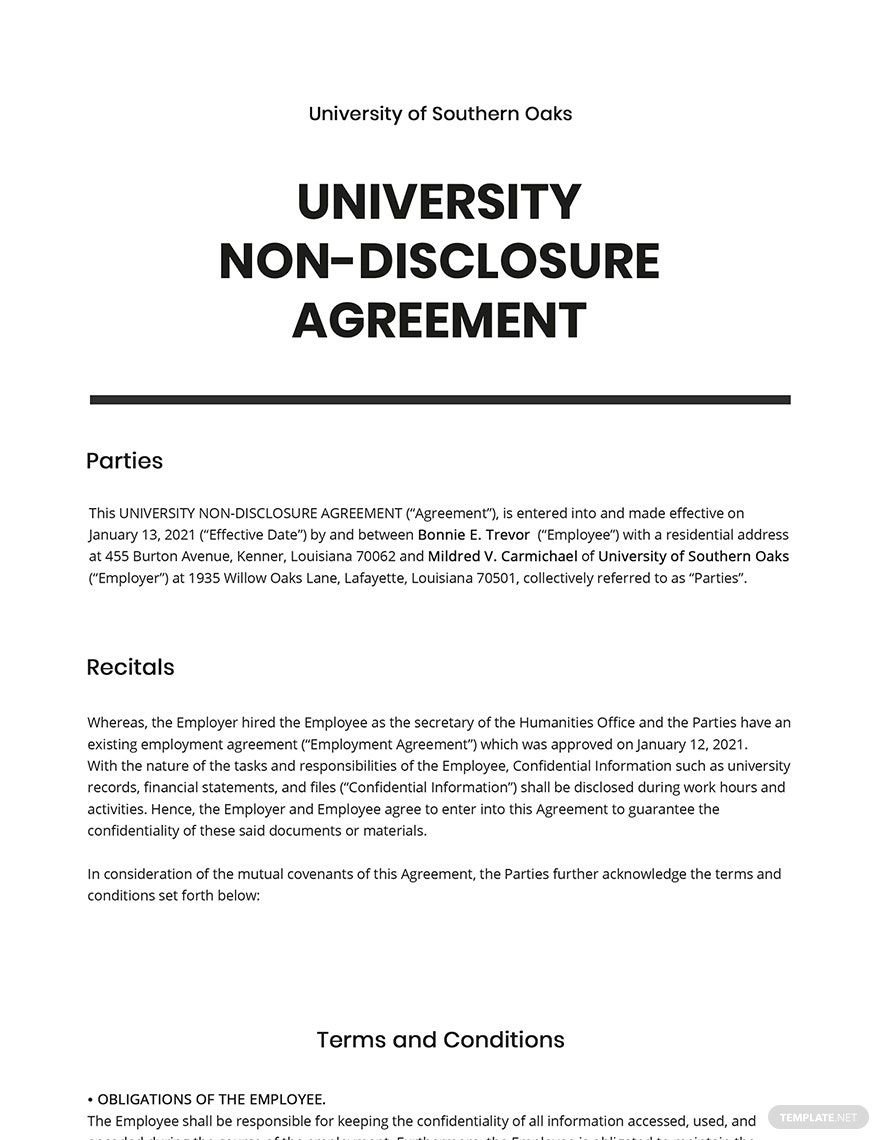 Free University Non-Disclosure Agreement Template