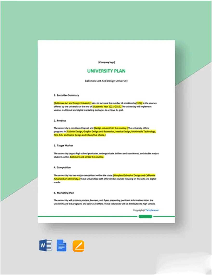 One Page University Plan Template