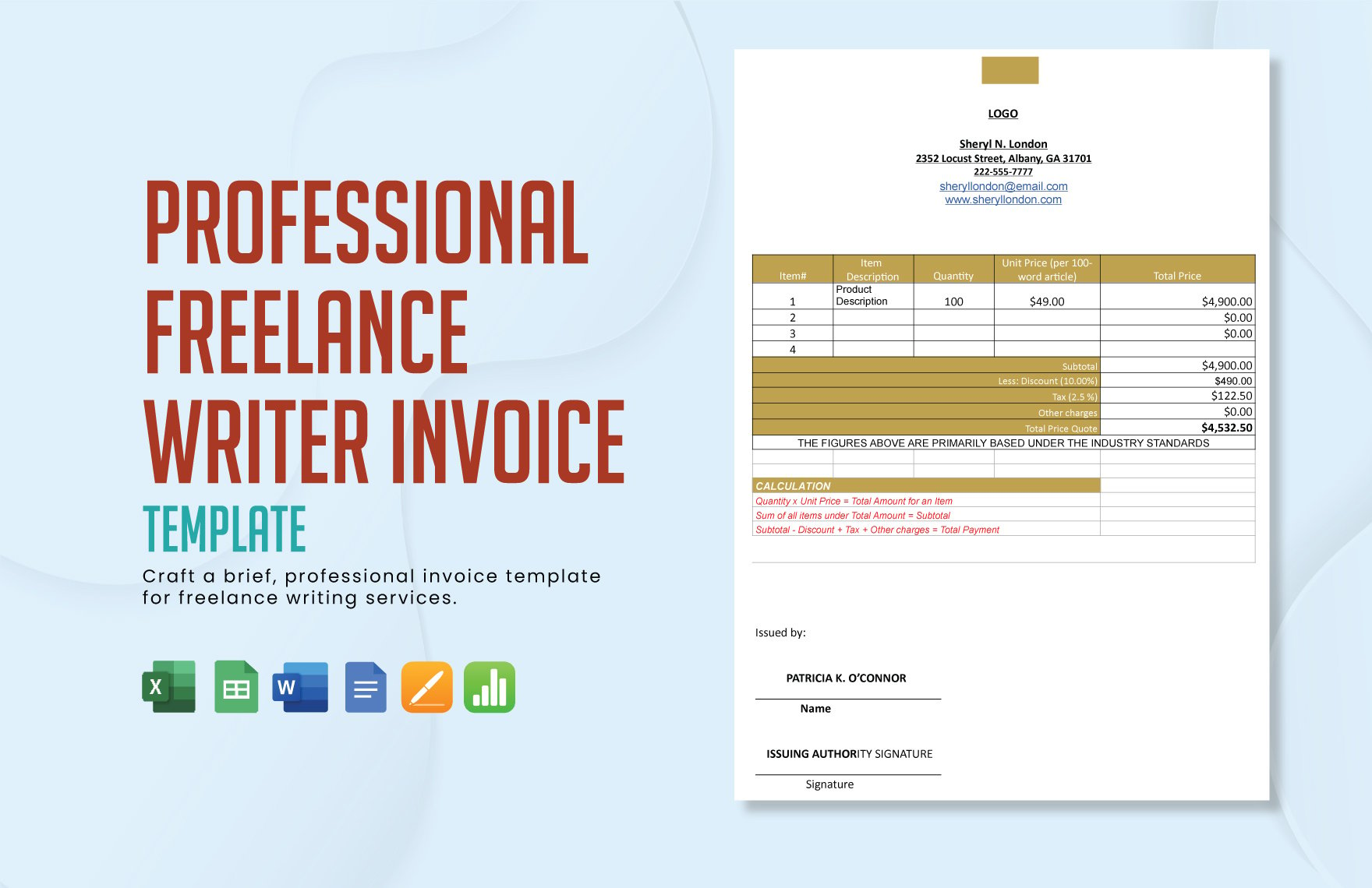 Free Professional Freelance Writer Invoice Template in Word, Google Docs, Excel, Google Sheets, Apple Pages, Apple Numbers