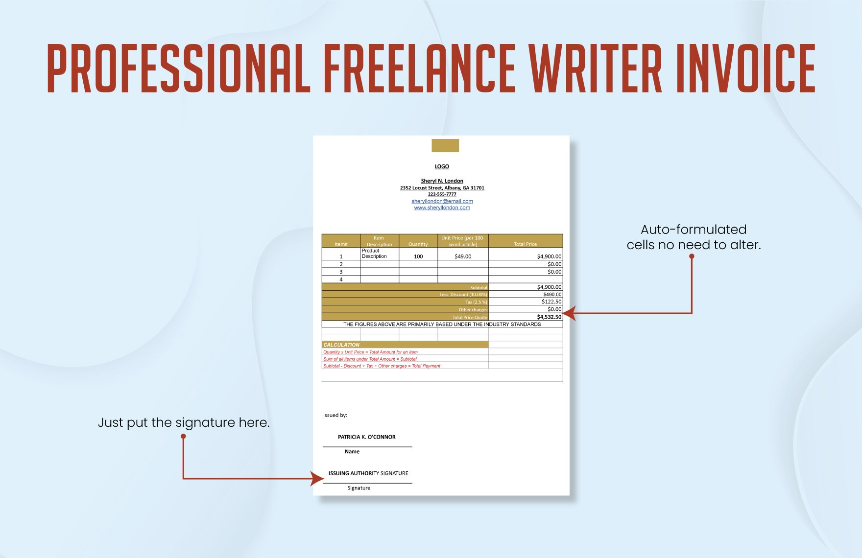 Professional Freelance Writer Invoice Template