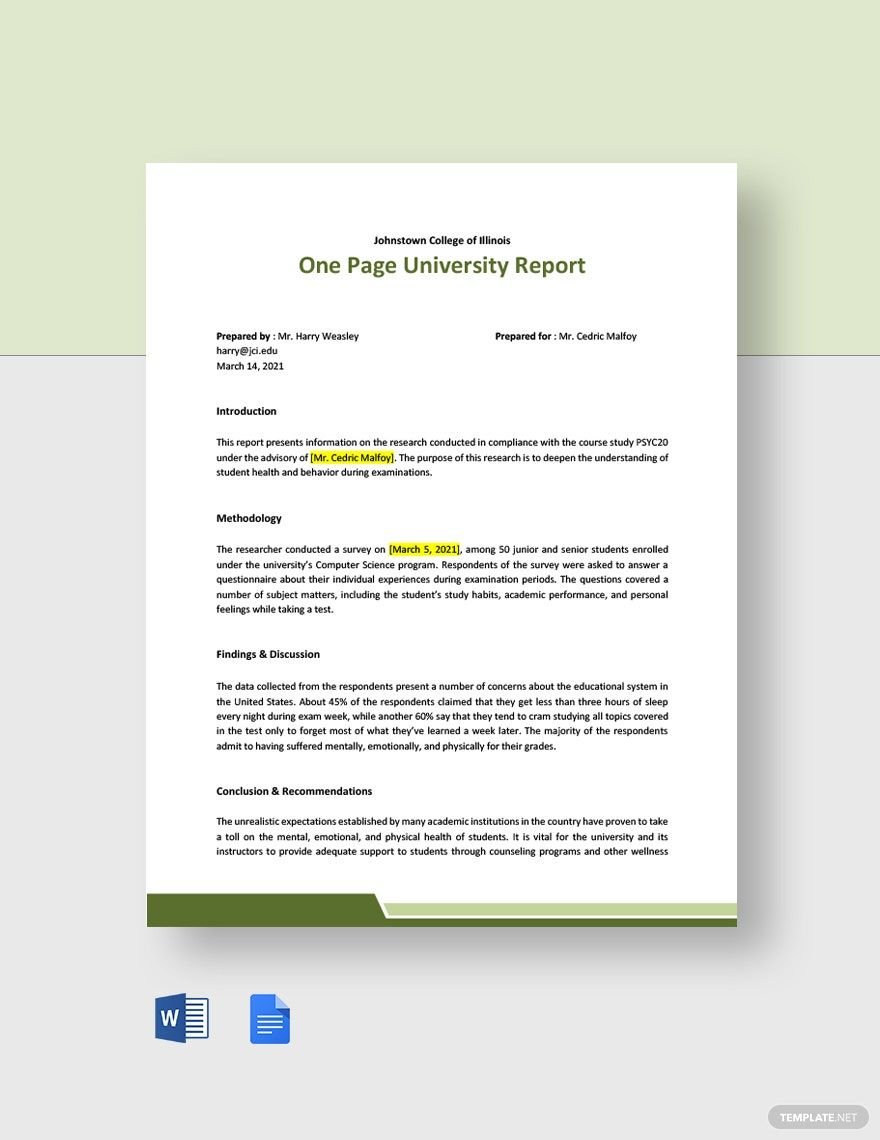 One Page University Report Template