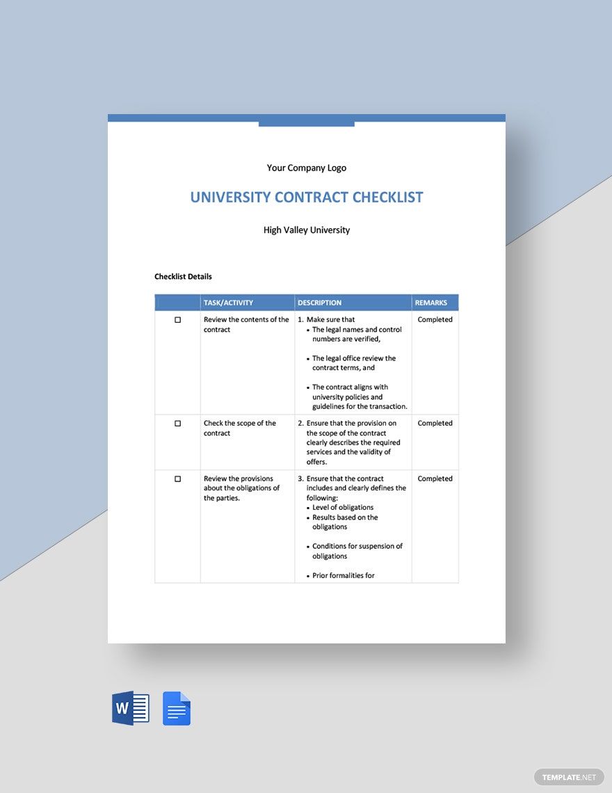 University Contract Checklist Template