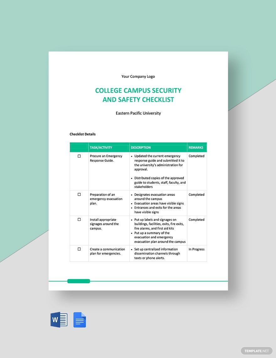 College Campus Security and Safety Checklist Template
