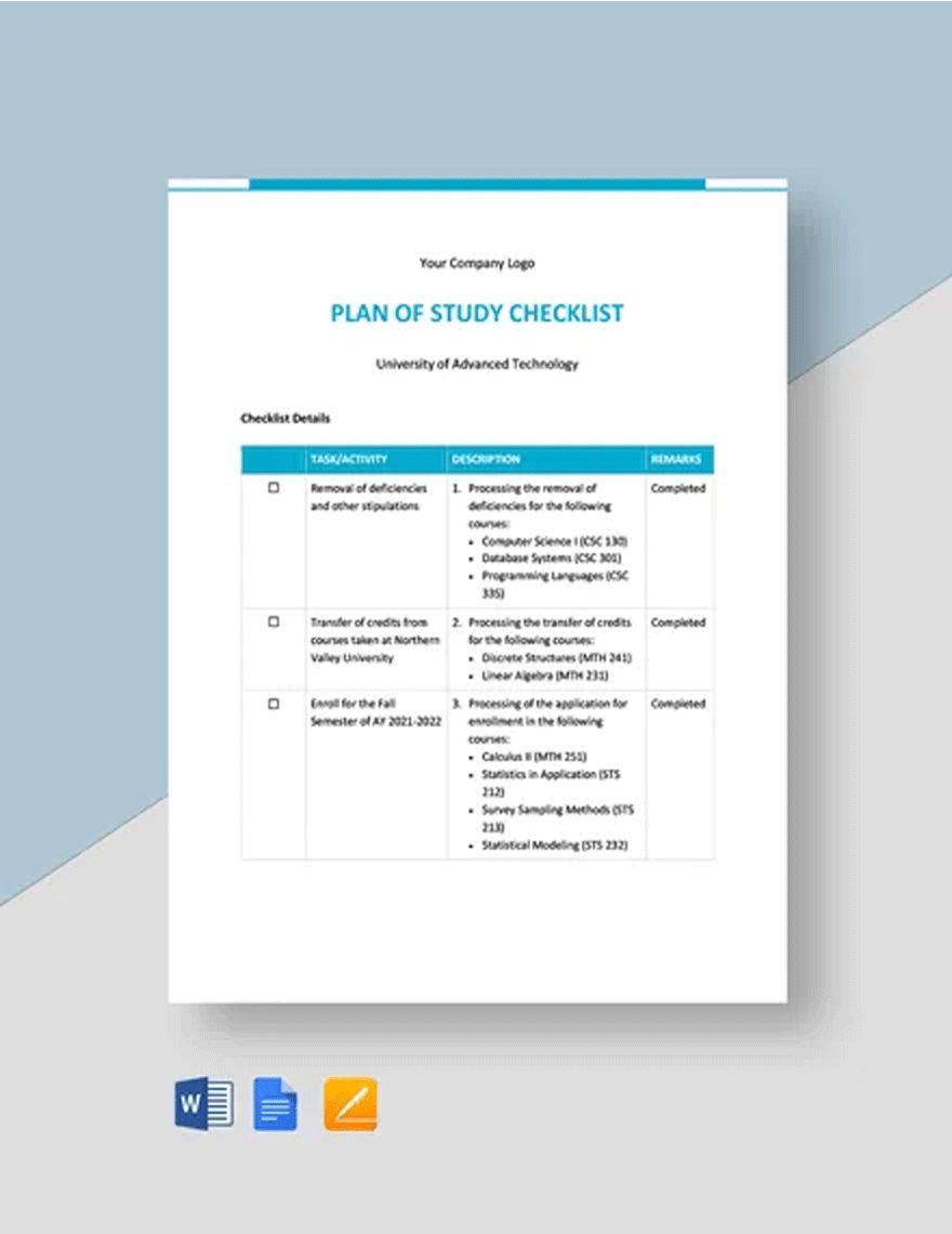 Plan of Study Checklist Template