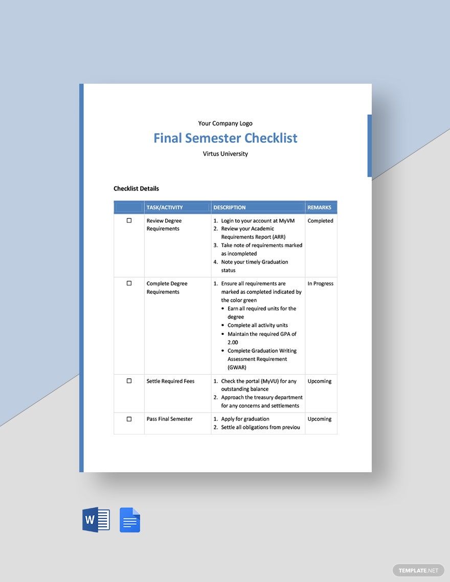 Final Semester Checklist Template