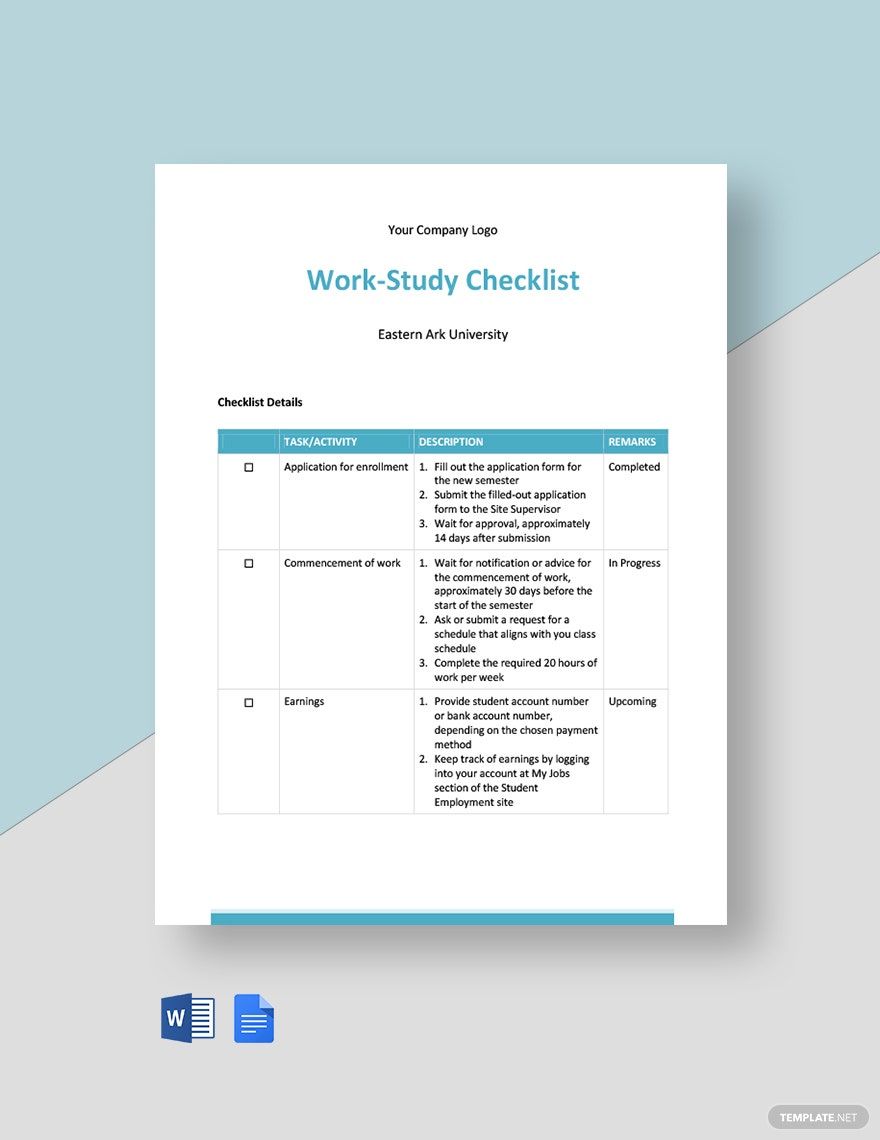 Work Study Checklist Template in Word, Google Docs