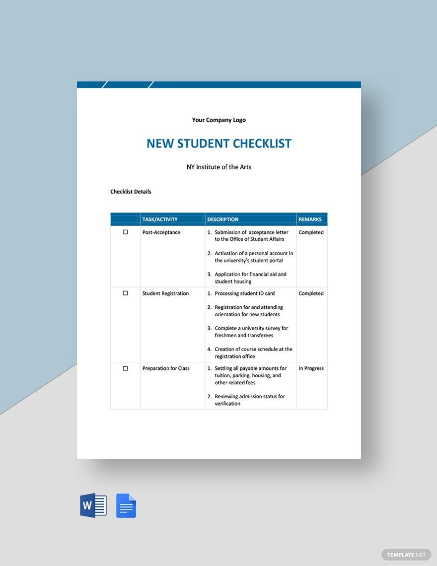 New Student Checklist Template