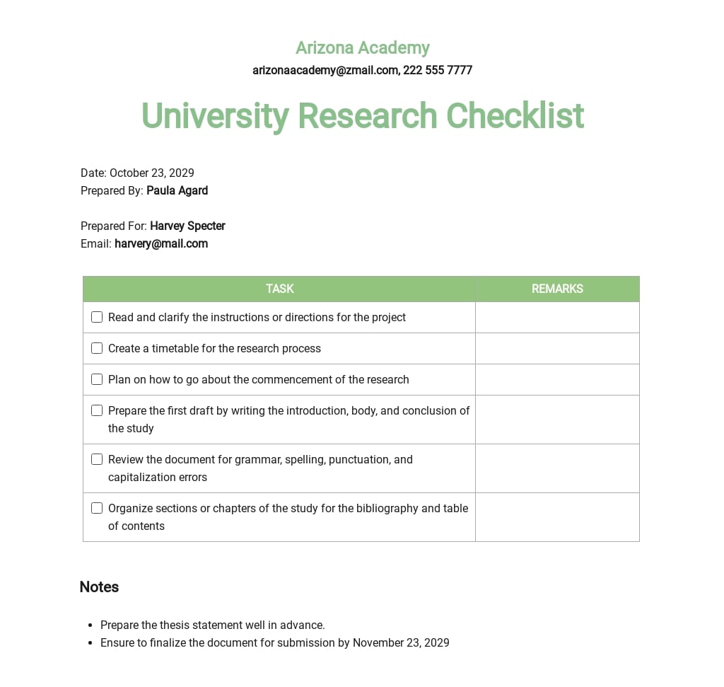 checklist for research report