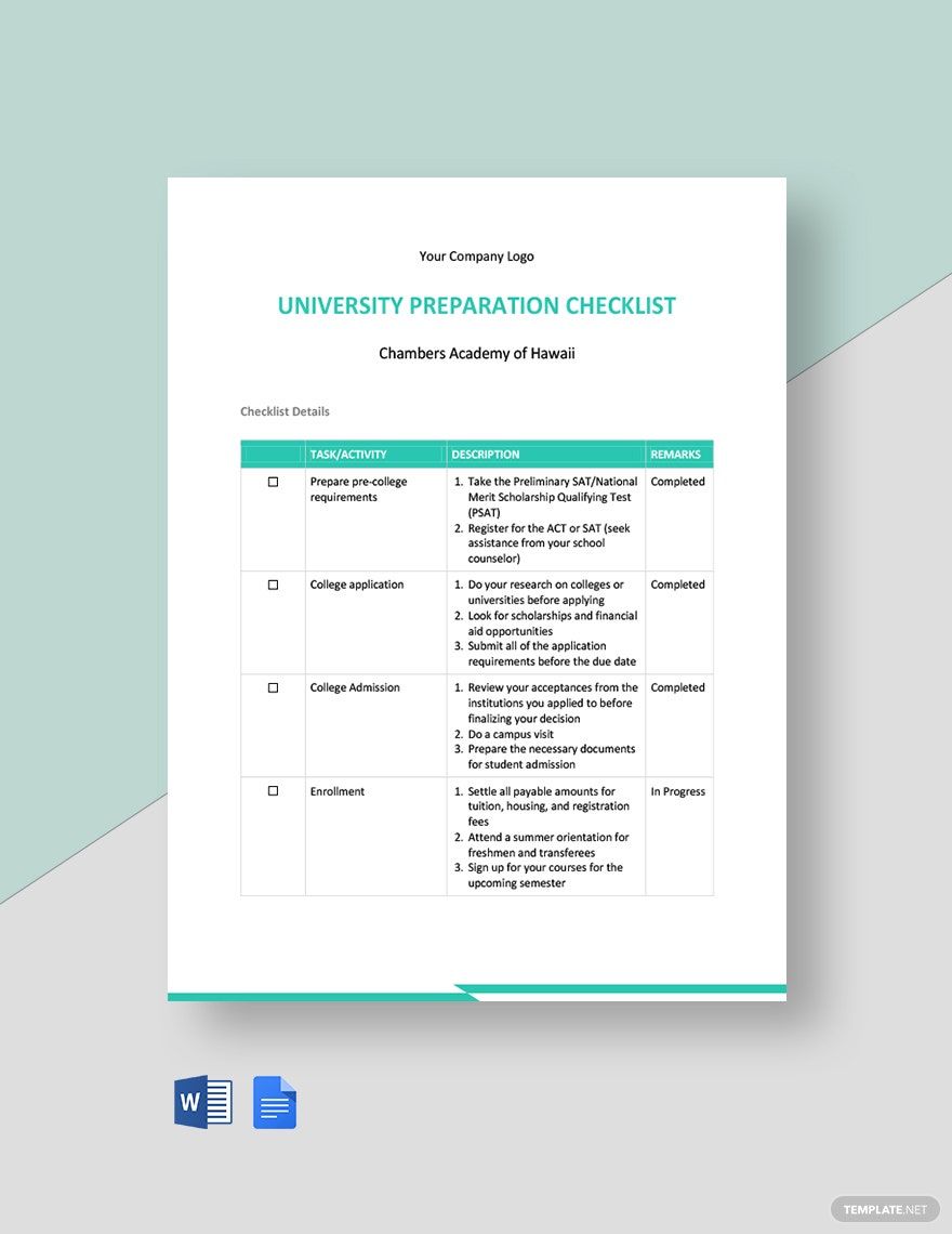 University Preparation Checklist Template