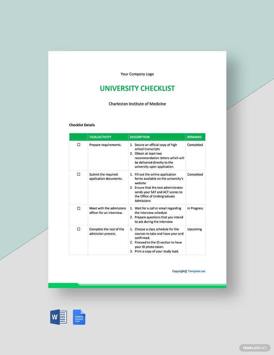 Basic University Checklist Template